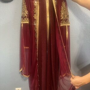 Elegant Maroon and Gold Embroidered Zee Maghribi Dress